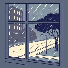 Cityscape view through window during rainy weather at night  