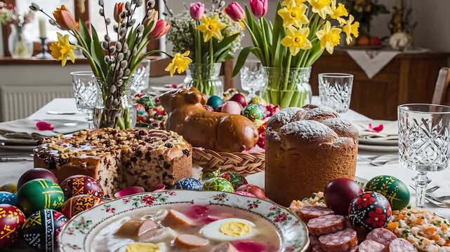 Traditional Easter Table Setting with Food and Decorations.