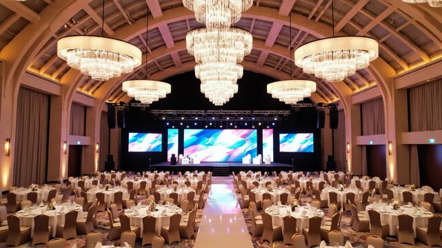 Elegant Ballroom Setup for Event - Wide shot of a luxurious ballroom, prepared for a formal event. Round tables are set with white linens and place settings, leading to a stage with chairs and
