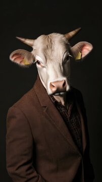 A man wearing a cow mask poses for the camera in a formal suit. He is stylish yet humorous, creating an entertaining scene.