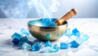 Bowl with wooden mallet surrounded by blue crystals and smoke in a bright setting. Sound healing background.