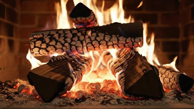 Warm glowing fire logs burning brightly in a cozy fireplace.