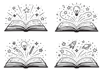 Hand drawn line art magic book illustration set featuring ideas, imagination, and discovery for learning and creativity