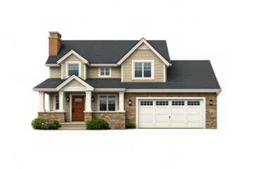 Modern suburban house with garage on transparent background