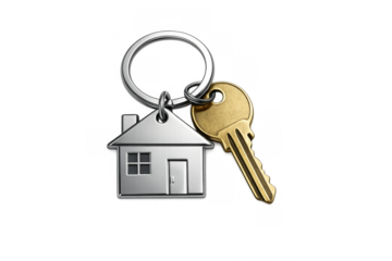 House keychain with gold key on transparent background