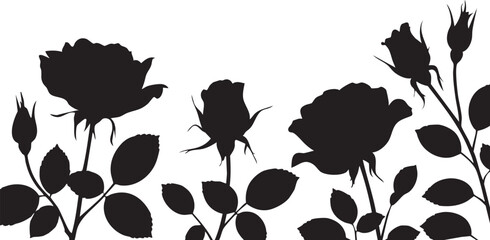 Black silhouette of rose flowers and leaves against a white background