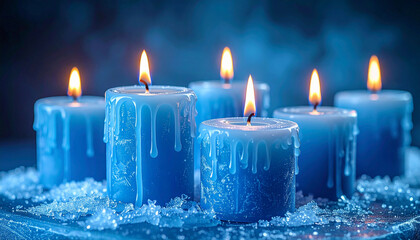 Blue candles with melting wax lit up on a dark surface during nighttime in a cozy setting
