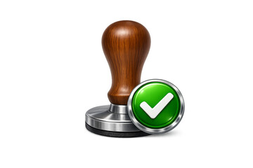 Rubber stamp verifying approval with green checkmark