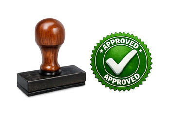 Rubber stamp with green approved check mark symbol