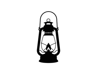 Black silhouette of vintage lantern with handle isolated on transparent background