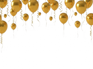 A bunch of shiny gold balloons with ribbons floating in the air isolated on transparent background