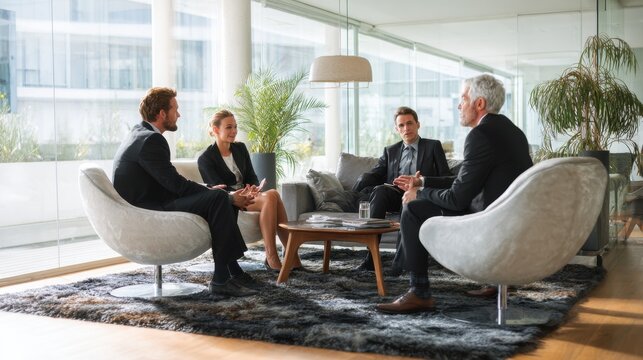 a team of business executives in formal attire discussing strategy and planning during a meeting in a modern office setting