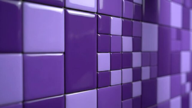 Purple Ceramic Tile Mosaic - A close-up shows a wall of square ceramic tiles in alternating shades of purple. The tiles create a checkered pattern, adding depth and visual interest to the surface.
