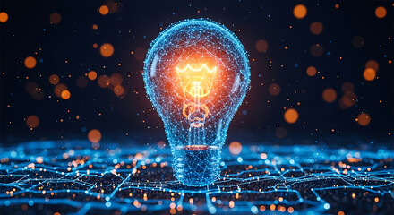 A glowing blue lightbulb with an orange filament surrounded by a network of digital connections and sparks