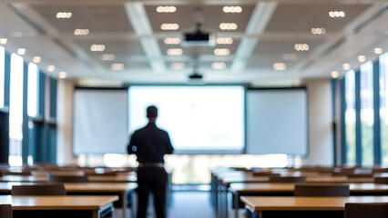 Fototapeta premium A teacher stands in front of a classroom with a projector screen and empty desks