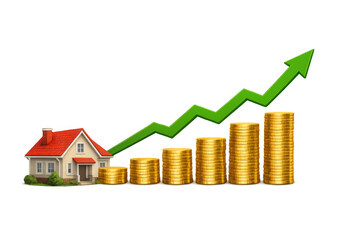 House increasing value with rising gold coins and arrow