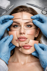 Conceptual collage. Concept of beauty treatment, plastic surgery, clinical cosmetology