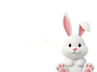 Obraz premium White cartoon bunny with pink ears and paws looking forward on transparent background