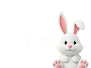 White cartoon bunny with pink ears and paws looking forward on transparent background