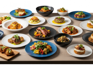 Variety of delicious food on plates on wooden table for restaurant menu isolated on transparent background