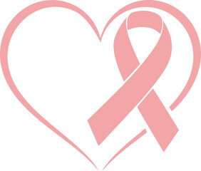 Pink ribbon inside a heart, outline vector on white background awareness