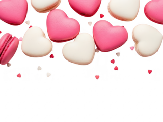 Heart shaped macarons and small hearts on transparent background for valentines