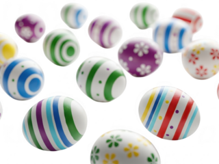Decorative easter eggs with colorful patterns isolated on transparent background for holiday and springtime themes