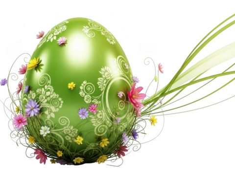 Green easter egg decorated with colorful flowers and swirling patterns isolated on transparent background - Powered by Adobe