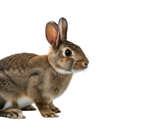 Fototapeta premium Brown rabbit sitting on isolated transparent background looking around cautiously