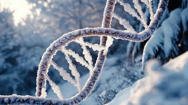 A single strand of DNA against a snowy forest backdrop.