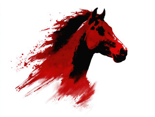 Vivid red ink horse head illustration with flowing lines