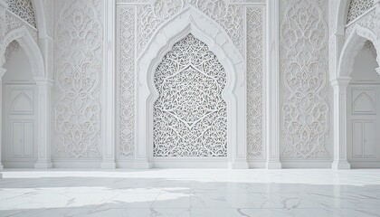 Intricate white Islamic architecture with ornate arches and marble floor