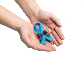 A pair of hands holding a blue ribbon on a transparent background for awareness and support