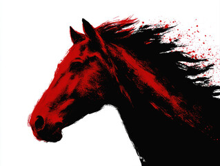 Red ink brushstroke portrait of a horse head with flowing mane