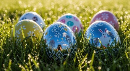 Decorated Easter eggs nestled among dewy green grass in spring sunshine