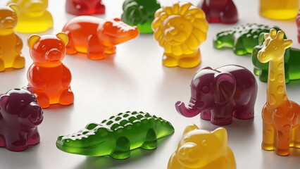 Colorful army of marmalade animals in macro detail, translucent jelly texture on a sterile white background, confectionery imitation of wild nature for a sweet table
