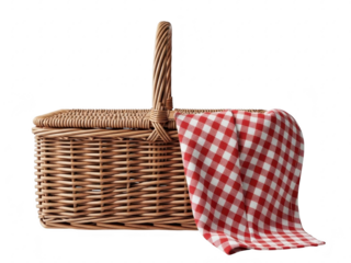 A wicker picnic basket with a red and white checkered cloth isolated on transparent background