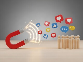 Influence engagement attraction audience connection Magnet imagery showing a red magnet drawing social likes and comments toward a clustered wooden group uplifting mood, engagement,, influence