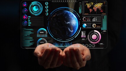 High-tech global network connection interface showing worldwide digital communication, data exchange, and internet connectivity. Global connection, data interaction, and worldwide communication. Thunk