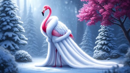 Elegant Pink Flamingo in Snowy Winter Wonderland, Fur Coat, Flowing Train, Snow-Covered Pines, Falling Snowflakes, Pink Branch, Magical Fairytale Fantasy