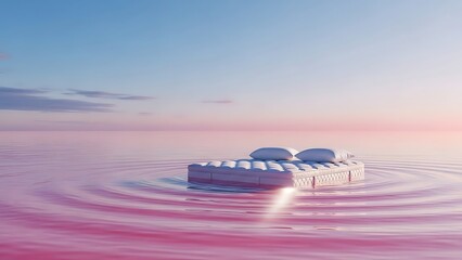 Surreal White Mattress Floating on Pink Water at Sunset: Dreamy, Tranquil, Ethereal Sunrise/Sunset Scene with Soft Glow