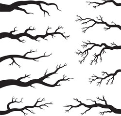 Tree Branch Silhouettes Clipart &ndash; Black Leafless Branches in Artistic Frame Layout on White Background
