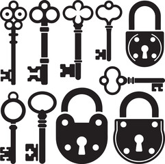 Vintage Keys and Padlocks Clipart &ndash; Black Silhouettes of Ornate Lock Designs and Antique Key Shapes