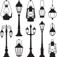 Lantern Silhouettes Clipart &ndash; Black Vector Set of Vintage Street Lamps and Hanging Lights