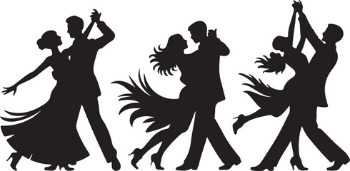 Ballroom Dance Clipart &ndash; Black Silhouettes of Elegant Partnered Dancers in Motion and Formal Attire