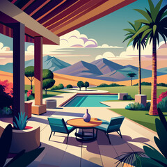 Desert home patio overlooking a golf course. 