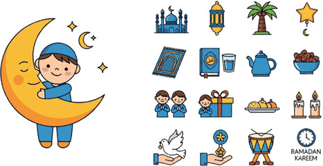 Fototapeta premium Collection of Ramadan-themed icons including a boy hugging a moon, mosque, dates, prayer beads, and gift box