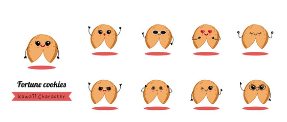 Obraz premium Kawaii fortune cookies character emotions illustration set
