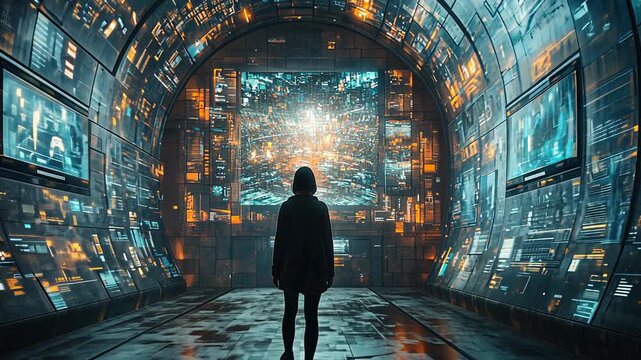 A woman stands in a futuristic tunnel, gazing at a large screen displaying a complex network visualization.