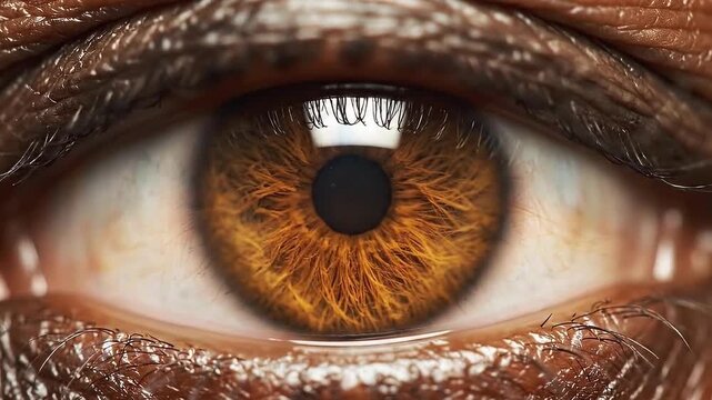 Cinematic close-up animation of a brown human eye featuring a vibrating pupil. High-detail macro shot captures intricate iris patterns and reactive pupil movement for medical and psychological visuals